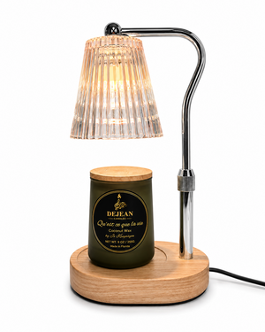 Table lamp with pleated shade and wooden base on a white background