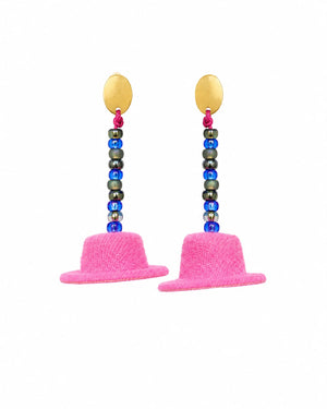 Pair of earrings with colorful beads and pink hat-like bases on a white background