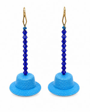 Blue bucket hat earrings with blue beaded stems on a white background
