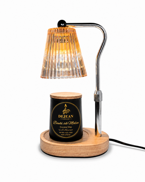 Table lamp with wooden base and adjustable arm on a white background