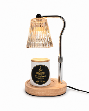Table lamp with wooden base and decorative shade on a white background