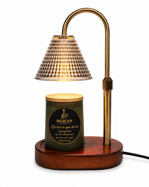 Decorative lamp with wooden base, brass arm, and wicker shade on a white background
