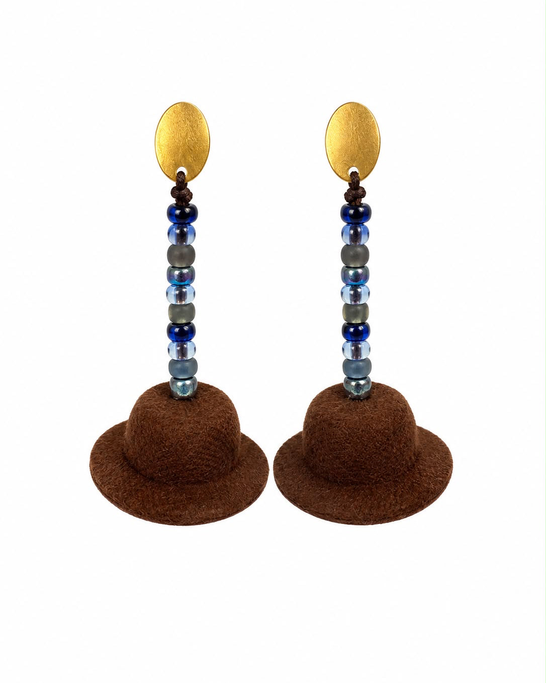 Pair of earrings with brown felt hats and beaded stems on a white background