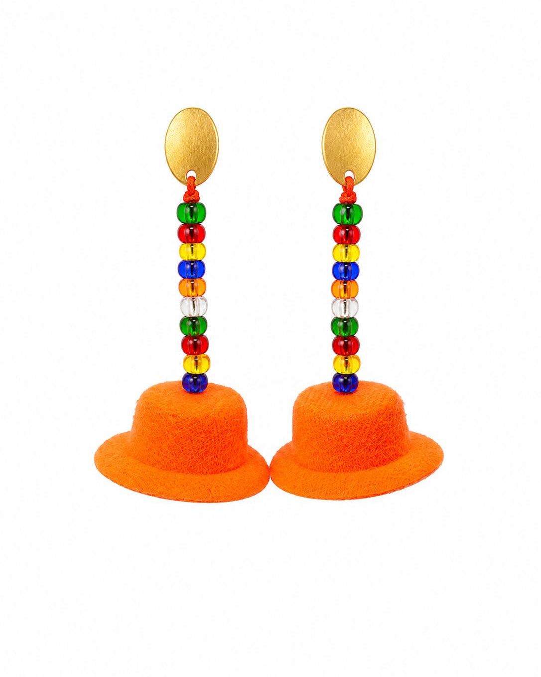 Colorful beaded earrings with orange hat-like bases on a white background