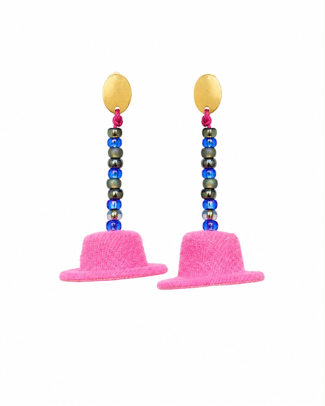 Pair of earrings with colorful beads and pink hat-like bases on a white background