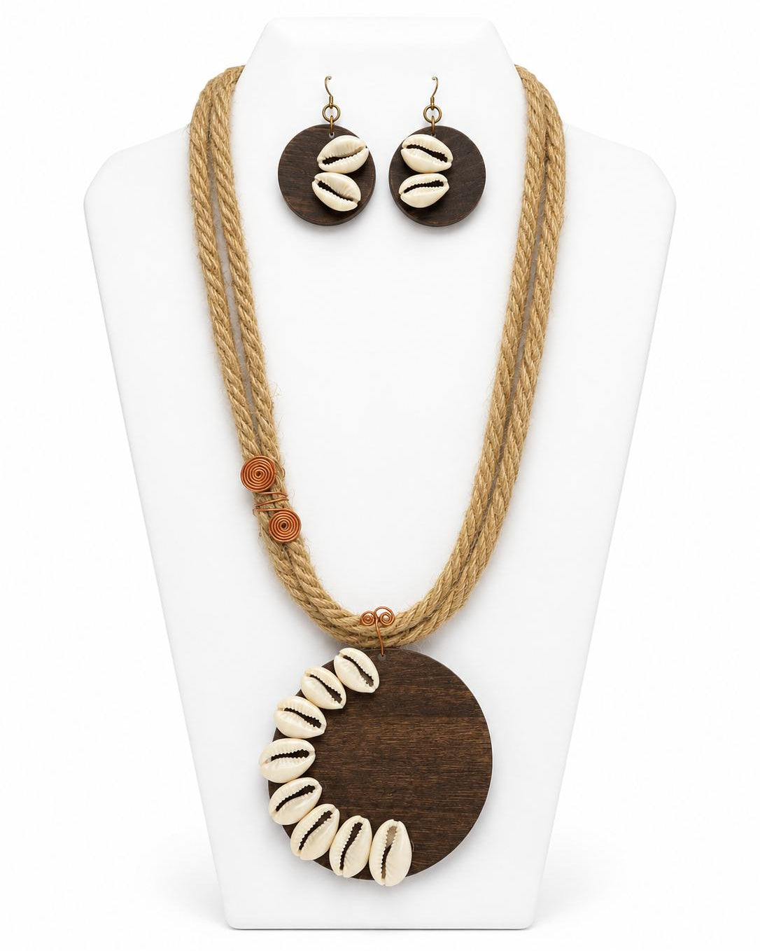 Necklace and earrings set with wooden and shell design on a white stand