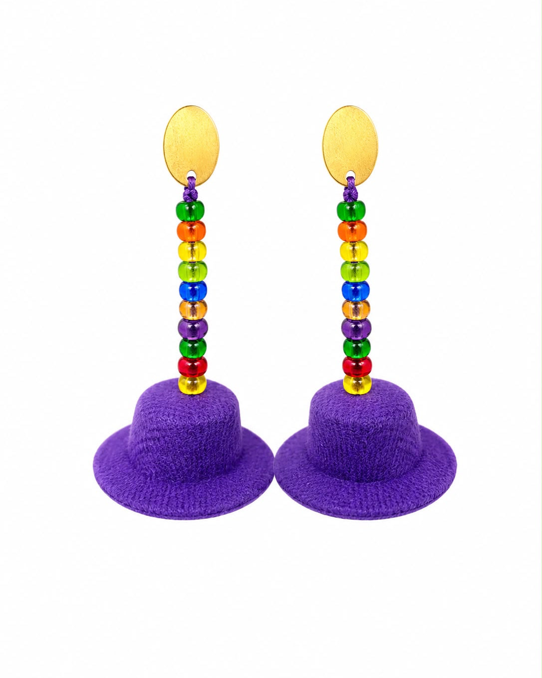 Purple bucket hats with rainbow beaded sticks on a white background