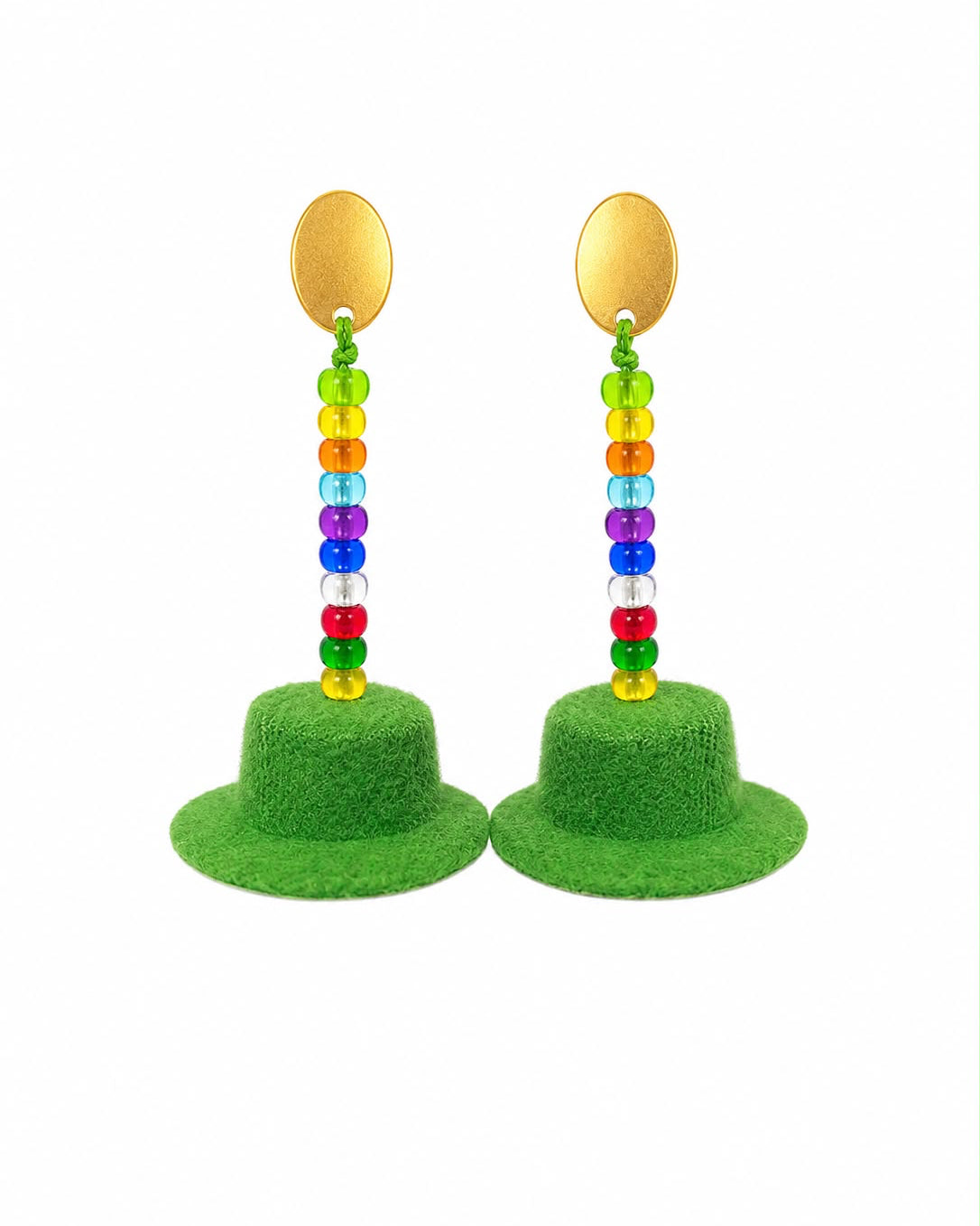 Pair of colorful earrings with rainbow beads on a white background