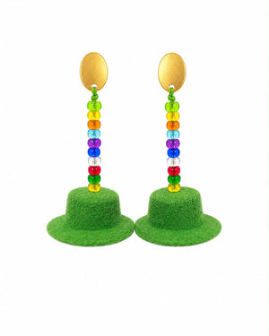 Pair of colorful earrings with rainbow beads on a white background