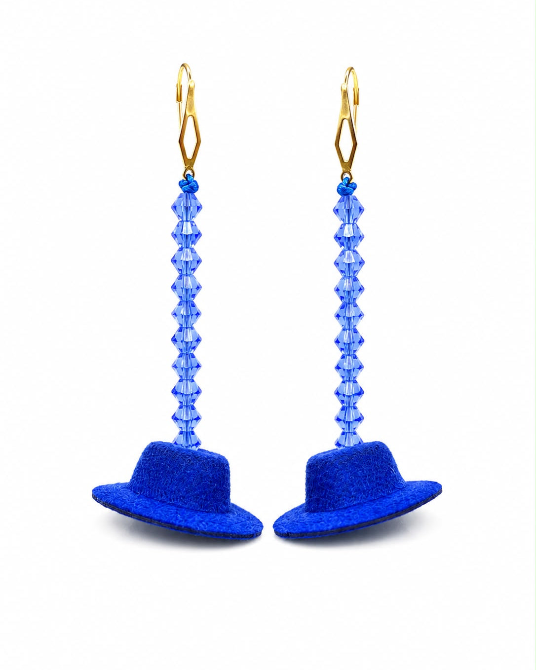 Blue hat-shaped earrings with beaded strings on a white background