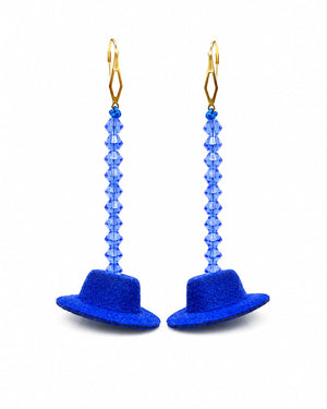 Blue hat-shaped earrings with beaded strings on a white background