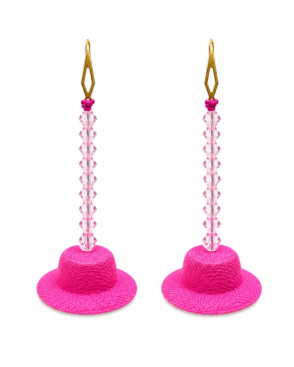 Pink hat earrings with long beaded strands on a white background