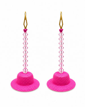 Pink hat earrings with long beaded strands on a white background