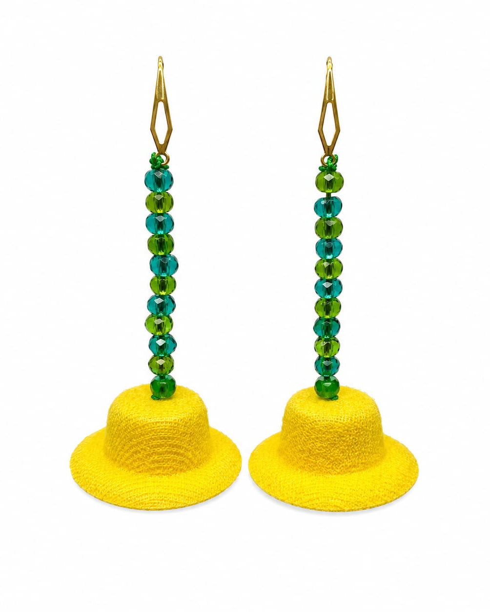 Yellow bucket hat earrings with green and blue bead accents on a white background