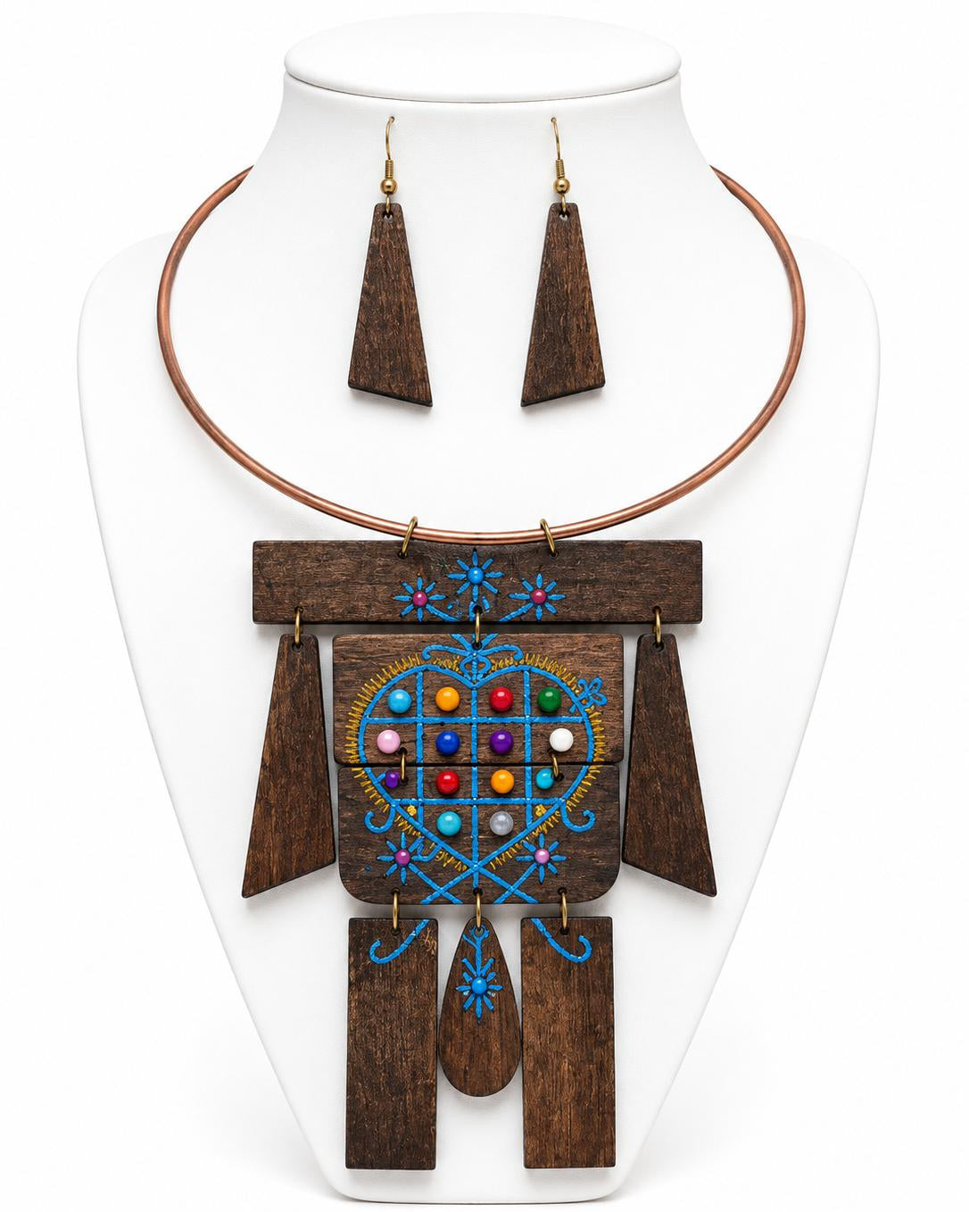 Wooden necklace and earrings set with colorful heart design on a white background